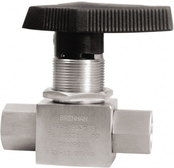 Brennan - 3/8" Pipe, NPT End Connections, Stainless Steel, Inline, Two Way Flow, Instrumentation Ball Valve - 3,000 psi WOG Rating, Nylon Handle, PTFE Seal, PFA Seat, Swaglok SS-44F6 - Exact Tooling