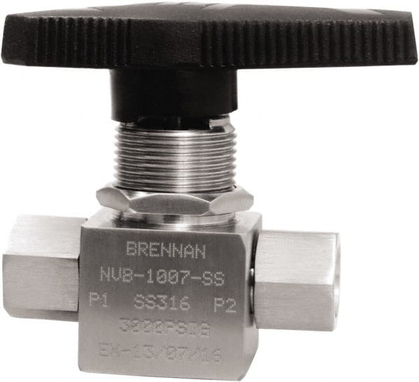 Brennan - 1/4" Pipe, NPT End Connections, Stainless Steel, Inline, Two Way Flow, Instrumentation Ball Valve - 3,000 psi WOG Rating, Nylon Handle, PTFE Seal, PFA Seat, Swaglok SS-43GEF4 - Exact Tooling