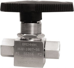 Brennan - 1/4" Pipe, NPT End Connections, Stainless Steel, Inline, Two Way Flow, Instrumentation Ball Valve - 3,000 psi WOG Rating, Nylon Handle, PTFE Seal, PFA Seat, Swaglok SS-43GEF4 - Exact Tooling