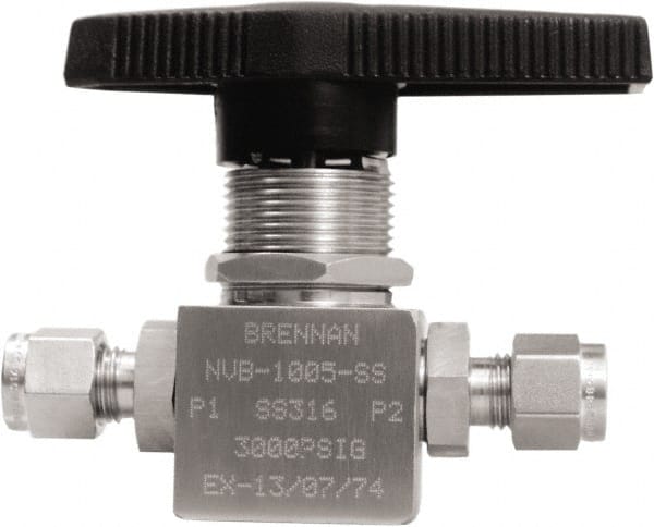 Brennan - 1/4" Pipe, Tube End Connections, Stainless Steel, Inline, Two Way Flow, Instrumentation Ball Valve - 3,000 psi WOG Rating, Nylon Handle, PTFE Seal, PFA Seat, Swaglok SS-42GS4 - Exact Tooling