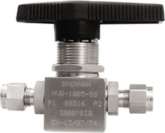 Brennan - 1/4" Pipe, Tube End Connections, Stainless Steel, Inline, Two Way Flow, Instrumentation Ball Valve - 3,000 psi WOG Rating, Nylon Handle, PTFE Seal, PFA Seat, Swaglok SS-42GS4 - Exact Tooling