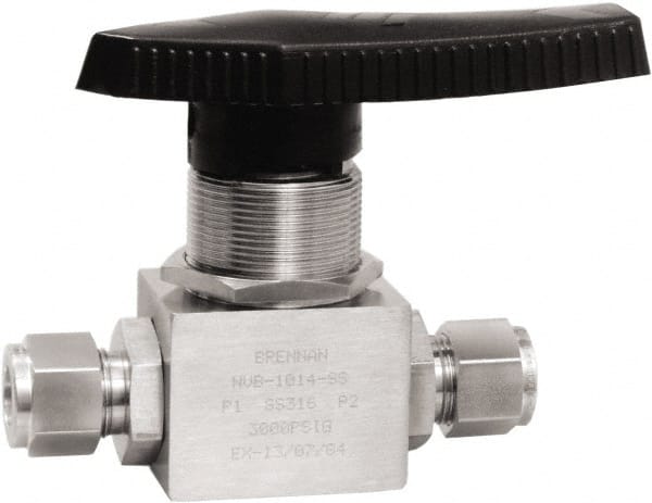 Brennan - 1/2" Pipe, Tube End Connections, Stainless Steel, Inline, Two Way Flow, Instrumentation Ball Valve - 3,000 psi WOG Rating, Nylon Handle, PTFE Seal, PFA Seat, Swaglok SS-45S8 - Exact Tooling