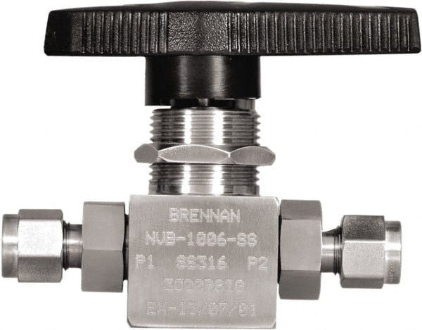 Brennan - 1/4" Pipe, Tube End Connections, Stainless Steel, Inline, Two Way Flow, Instrumentation Ball Valve - 3,000 psi WOG Rating, Nylon Handle, PTFE Seal, PFA Seat, Swaglok SS-43GS4 - Exact Tooling