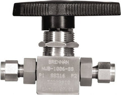 Brennan - 1/4" Pipe, Tube End Connections, Stainless Steel, Inline, Two Way Flow, Instrumentation Ball Valve - 3,000 psi WOG Rating, Nylon Handle, PTFE Seal, PFA Seat, Swaglok SS-43GS4 - Exact Tooling