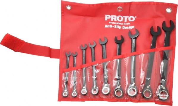 Proto - 9 Piece, 9/32" to 3/4", 12 Point Combination Wrench Set - Inch Measurement Standard, Black/Chrome Finish, Comes in Pouch - Exact Tooling