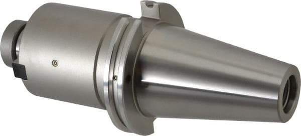 Accupro - CAT50 Taper Shank 1-1/4" Pilot Diam Shell Mill Holder - 4" Flange to Nose End Projection, 5/8-18 Lock Screw, Through-Spindle & DIN Flange Coolant - Exact Tooling