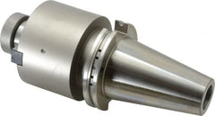 Accupro - CAT50 Taper Shank 1-1/2" Pilot Diam Shell Mill Holder - 4" Flange to Nose End Projection, 3/4-16 Lock Screw, Through-Spindle & DIN Flange Coolant - Exact Tooling