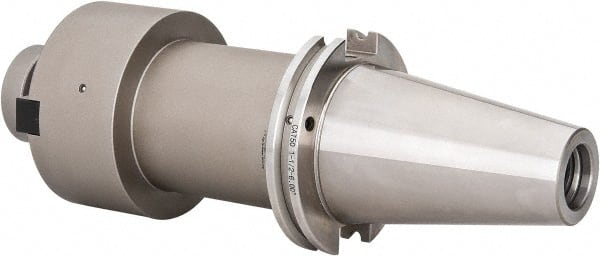 Accupro - CAT50 Taper Shank 1-1/2" Pilot Diam Shell Mill Holder - 6" Flange to Nose End Projection, 3/4-16 Lock Screw, Through-Spindle & DIN Flange Coolant - Exact Tooling