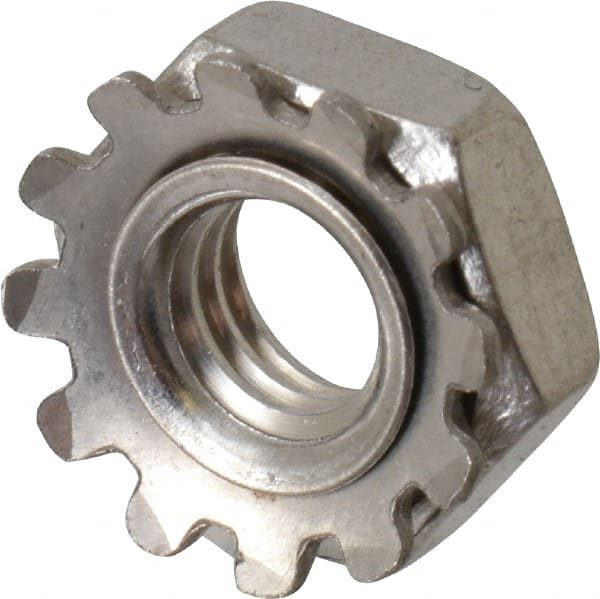 Value Collection - #10-32, 5/32" High, Uncoated, Stainless Steel Hex Nut with External Tooth Washer - 13/32" Washer Diam, 3/8" Width Across Flats, Grade 18-8 - Exact Tooling