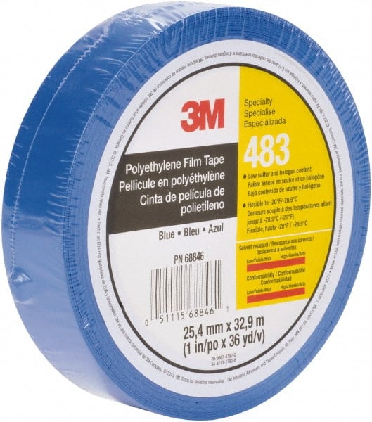 3M - 36 Yds. x 1", Blue Polyethylene Film Tape - 483 Series, 5 mil Thick, 10 Lb./Inch Tensile Strength - Exact Tooling