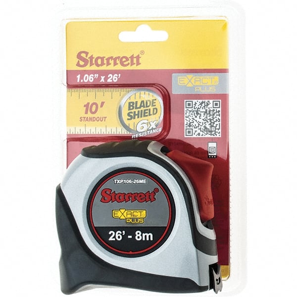 Starrett - 26' x 1-1/16" Yellow Blade Tape Measure - 1/16" & 1mm Graduation, S9 Graduation Style, Gray Case - Exact Tooling