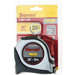 Starrett - 26' x 1-1/16" Yellow Blade Tape Measure - 1/16" & 1mm Graduation, S9 Graduation Style, Gray Case - Exact Tooling
