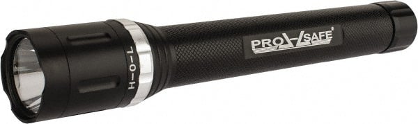 PRO-SAFE - White LED Bulb, 220 Lumens, Industrial/Tactical Flashlight - Matte Charcoal Black Aluminum Body, 4 D Alkaline Batteries Not Included - Exact Tooling
