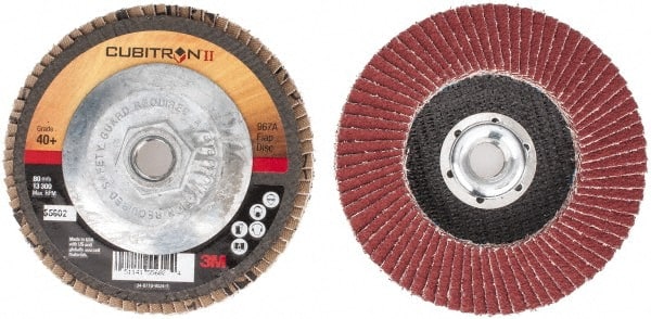3M - 40 Grit, 4-1/2" Disc Diam, 5/8-11 Center Hole, Type 27 Ceramic Flap Disc - 13,300 Max RPM, Cloth Backing, Arbor Attaching System, Coated - Exact Tooling
