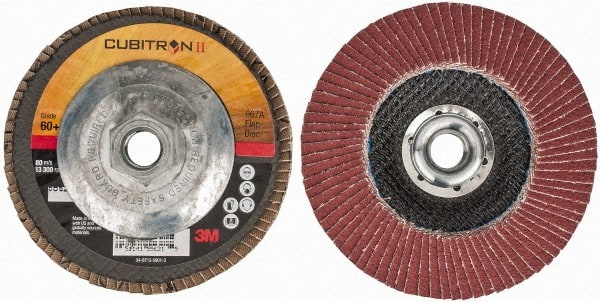 3M - 60 Grit, 4-1/2" Disc Diam, 5/8-11 Center Hole, Type 29 Ceramic Flap Disc - 13,300 Max RPM, Cloth Backing, Arbor Attaching System, Coated - Exact Tooling
