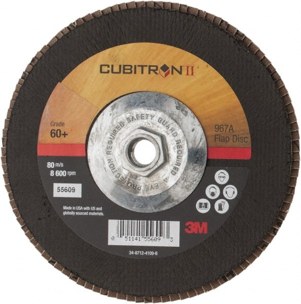 3M - 60 Grit, 7" Disc Diam, 5/8-11 Center Hole, Type 27 Ceramic Flap Disc - 13,300 Max RPM, Cloth Backing, Arbor Attaching System, Coated - Exact Tooling