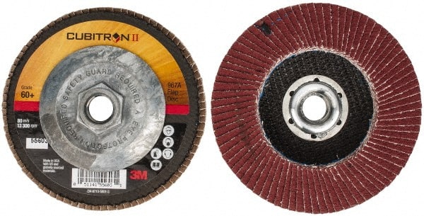 3M - 60 Grit, 4-1/2" Disc Diam, 5/8-11 Center Hole, Type 27 Ceramic Flap Disc - 13,300 Max RPM, Cloth Backing, Arbor Attaching System, Coated - Exact Tooling