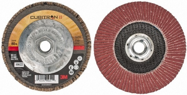 3M - 80 Grit, 4-1/2" Disc Diam, 5/8-11 Center Hole, Type 29 Ceramic Flap Disc - 13,300 Max RPM, Cloth Backing, Arbor Attaching System, Coated - Exact Tooling