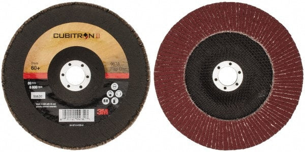 3M - 60 Grit, 7" Disc Diam, 7/8" Center Hole, Type 29 Ceramic Flap Disc - 13,300 Max RPM, Cloth Backing, Arbor Attaching System, Coated - Exact Tooling