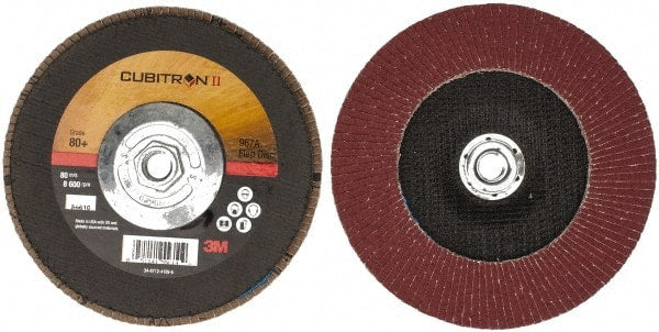 3M - 80 Grit, 7" Disc Diam, 5/8-11 Center Hole, Type 27 Ceramic Flap Disc - 13,300 Max RPM, Cloth Backing, Arbor Attaching System, Coated - Exact Tooling