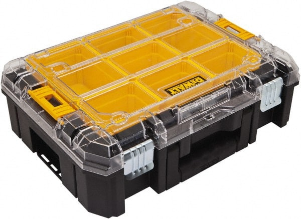 DeWALT - 7 Compartment Tool Organizer - 12-61/64" Wide x 17-5/32" Deep x 5-21/32" High, Structural Foam, Black/Yellow with Clear - Exact Tooling