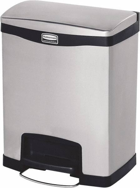 Rubbermaid - 8 Gal Rectangle Unlabeled Trash Can - 21.86" High x 16-7/8" Long, Chrome, Black, Metal - Exact Tooling