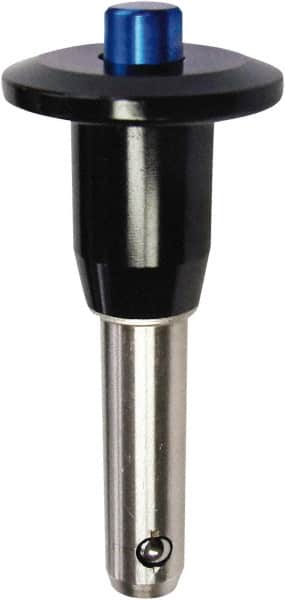 Monroe Engineering Products - 1" Diam, 5" Usable Length, Button Handle, Push Button Quick Release Pin - 8" OAL, Grade 4140 Steel, Zinc-Plated Finish - Exact Tooling