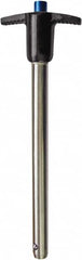 Monroe Engineering Products - 7/16" Diam, 4" Usable Length, T Handle, Push Button Quick Release Pin - 97mm OAL, Grade 4140 Steel, Zinc-Plated Finish - Exact Tooling
