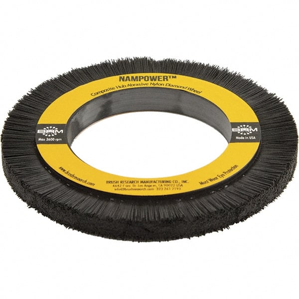 Brush Research Mfg. - 5-29/32" OD, 3-1/4" Arbor Hole, Crimped Abrasive Nylon Wheel Brush - 0.394" Face Width, 3/4" Trim Length, 3,600 RPM - Exact Tooling
