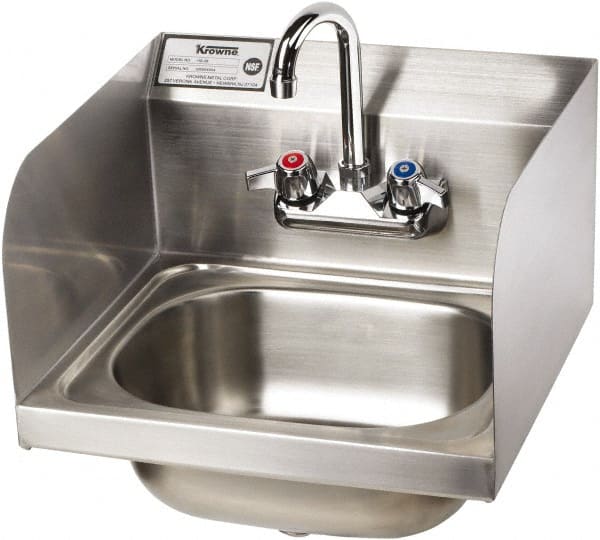 Krowne - 14" Long x 10" Wide Inside, 1 Compartment, Grade 304 Stainless Steel Hand Sink with Side Support - 20 Gauge, 14" Long x 16" Wide x 15" High Outside, 6" Deep - Exact Tooling