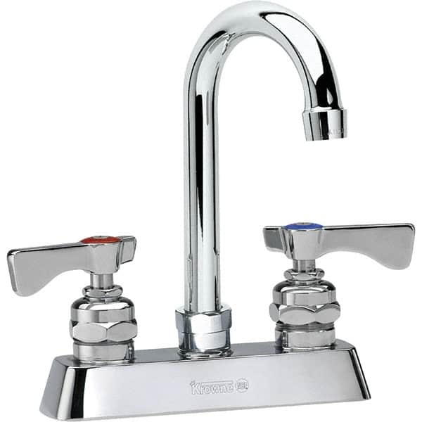 Krowne - Deck Mount, High Arc Deck Mount Faucet - Two Handle, Color Coded, Blade Handle, Gooseneck Spout and Nozzle, No Drain - Exact Tooling