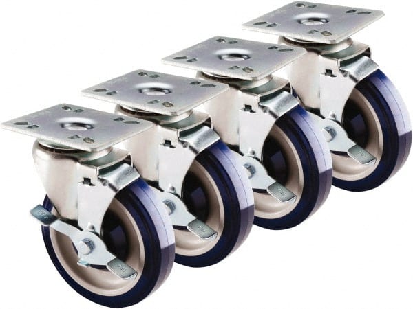 Krowne - 5" Diam x 1" Wide x 6" OAH Top Plate Mount Swivel Caster with Brake - Polyethylene, 200 Lb Capacity, 4 x 4" Plate - Exact Tooling