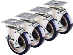 Krowne - 5" Diam x 1" Wide x 6" OAH Top Plate Mount Swivel Caster with Brake - Polyethylene, 200 Lb Capacity, 4 x 4" Plate - Exact Tooling