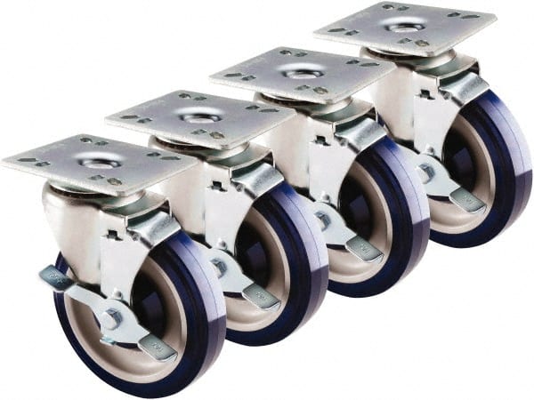 Krowne - 5" Diam x 1" Wide x 6" OAH Top Plate Mount Swivel Caster with Brake - Polyethylene, 200 Lb Capacity, 3-1/2 x 3-1/2" Plate - Exact Tooling