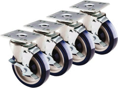 Krowne - 5" Diam x 1" Wide x 6" OAH Top Plate Mount Swivel Caster with Brake - Polyethylene, 200 Lb Capacity, 3-1/2 x 3-1/2" Plate - Exact Tooling