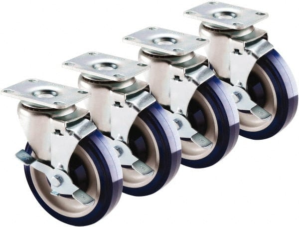 Krowne - 5" Diam x 1" Wide x 6" OAH Top Plate Mount Swivel Caster with Brake - Polyethylene, 200 Lb Capacity, 2-3/8 x 3-5/8" Plate - Exact Tooling