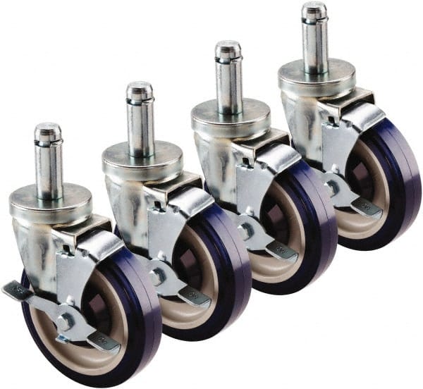 Krowne - 5" Diam x 1" Wide x 6" OAH Stem Mount Swivel Caster with Brake - Polyethylene, 200 Lb Capacity, 1" Round Stem - Exact Tooling