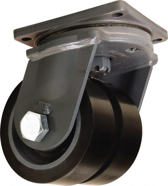 Hamilton - 8" Diam x 3" Wide x 11" OAH Top Plate Mount Dual Swivel Caster - Polyurethane Mold on Forged Steel, 8,800 Lb Capacity, Tapered Roller Bearing, 8-1/2 x 8-1/2" Plate - Exact Tooling