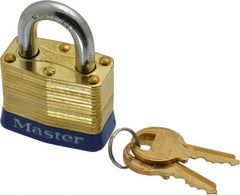 Master Lock - 3/4" Shackle Clearance, Keyed Alike Laminated Brass Padlock - 9/32" Shackle Diam, Brass - Exact Tooling