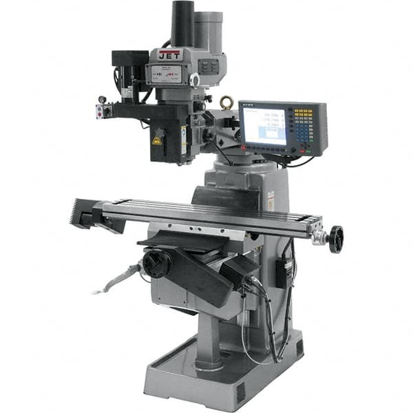 Jet - 9" Table Width x 49" Table Length, Variable Speed Pulley Control, 3 Phase Knee Milling Machine - R8 Spindle Taper, 3 hp - Exact Tooling