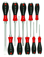 10 Piece - SoftFinish® Cushion Grip Extra Heavy Duty Screwdriver w/ Hex Bolster & Metal Striking Cap Set - #53099 - Includes: Slotted 3.5 - 12.0mm Phillips #1 - 3 - Exact Tooling