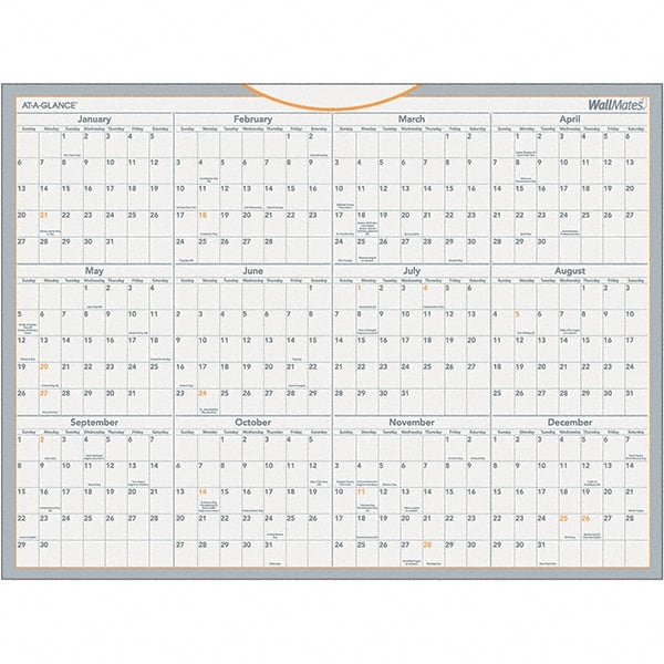 AT-A-GLANCE - 1 Sheet, 24 x 18", Erasable Wall Calendar - Gray, White & Orange - Exact Tooling
