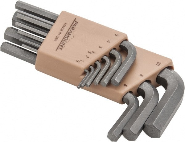 Paramount - 9 Piece L-Key Short Arm Hex Key Set - Hex Range 1.5 to 10mm, Steel - Exact Tooling