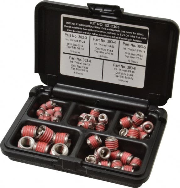 E-Z LOK - 46 Inserts, #10-24 - 1/2-13 Internal Thread, #10 - 1/2 UNC, Stainless Steel, Thread Repair Kit - Exact Tooling