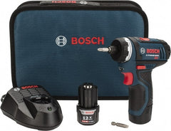 Bosch - 12 Volts, Lithium-Ion Battery, 1/4 Inch Keyless Chuck, Pistol Grip Cordless Drill - 600 RPM, 265 Inch/Lbs. Torque, 2 Speed, Reversible, Includes (2) Lithium-Ion 12V Max Batteries, 30 Minute Charger, Carrying Case - Exact Tooling