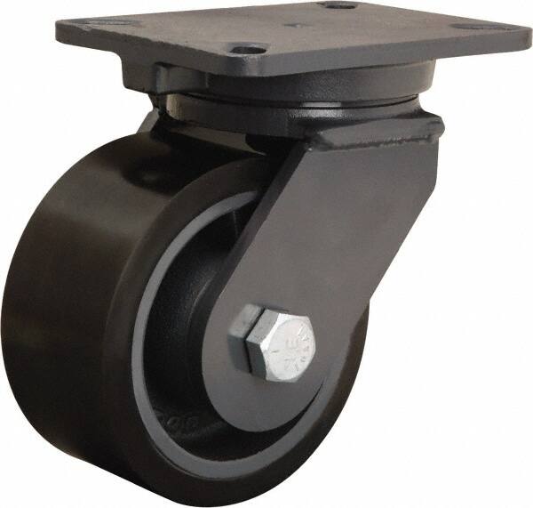 Hamilton - 6" Diam x 3" Wide x 8" OAH Top Plate Mount Swivel Caster - Polyurethane Mold onto Cast Iron Center, 2,860 Lb Capacity, Sealed Precision Ball Bearing, 5-1/4 x 7-1/4" Plate - Exact Tooling