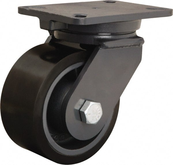 Hamilton - 6" Diam x 3" Wide x 8" OAH Top Plate Mount Swivel Caster - Polyurethane Mold onto Cast Iron Center, 2,860 Lb Capacity, Tapered Roller Bearing, 5-1/4 x 7-1/4" Plate - Exact Tooling