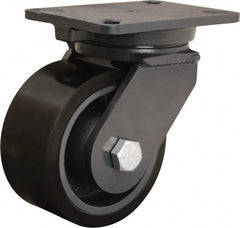 Hamilton - 6" Diam x 3" Wide x 8" OAH Top Plate Mount Swivel Caster - Polyurethane Mold onto Cast Iron Center, 2,860 Lb Capacity, Tapered Roller Bearing, 5-1/4 x 7-1/4" Plate - Exact Tooling