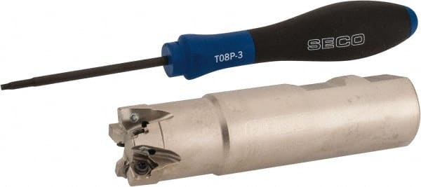 Seco - 1" Cut Diam, 0.157" Max Depth of Cut, 1" Shank Diam, 3.78" OAL, Indexable Square Shoulder End Mill - XNEX 04.. Inserts, Weldon Shank, 90° Lead Angle, Through Coolant, Series Square 6 - Exact Tooling