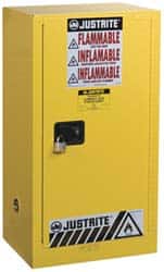 Justrite - 1 Door, 1 Shelf, Yellow Steel Space Saver Safety Cabinet for Flammable and Combustible Liquids - 44" High x 23-1/4" Wide x 18" Deep, Self Closing Door, 15 Gal Capacity - Exact Tooling